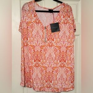 Cynthia Rowley Women's Tunic Plus Size 3X Orange Damask Pattern Zip V-Neck Tee